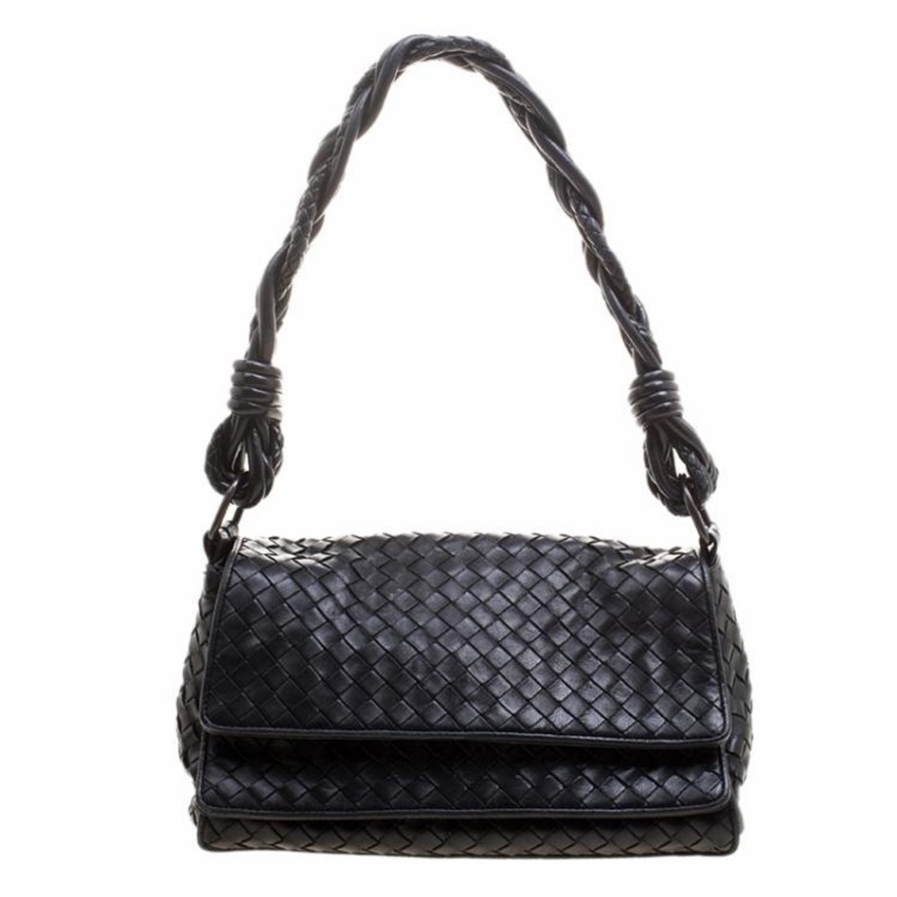 Bottega Veneta Vintage Black Intrecciato Double Flap Braided Shoulder Bag
